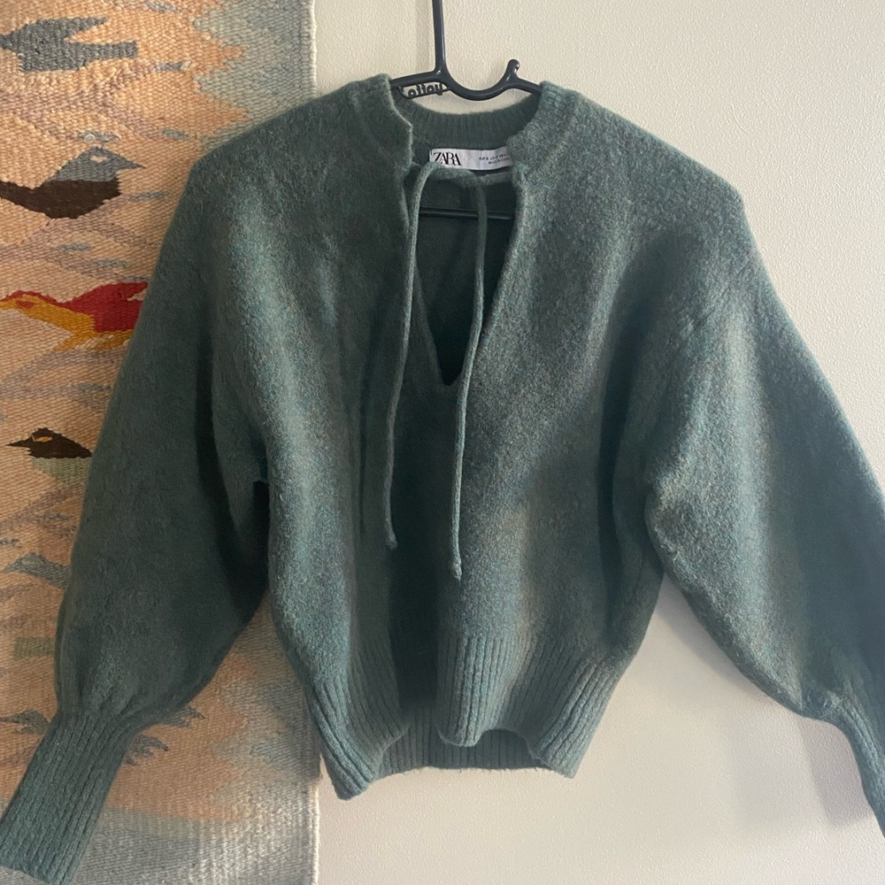 Zara Forest Green Tie-Neck Knit Sweater